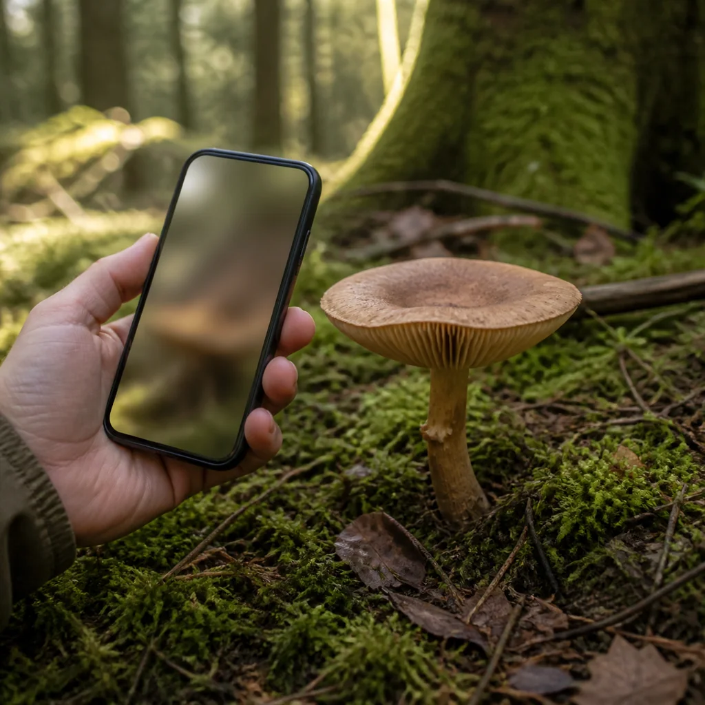 Una persona fotografa un fungo del bosco senza spostarlo, mantenendo visibile l’habitat