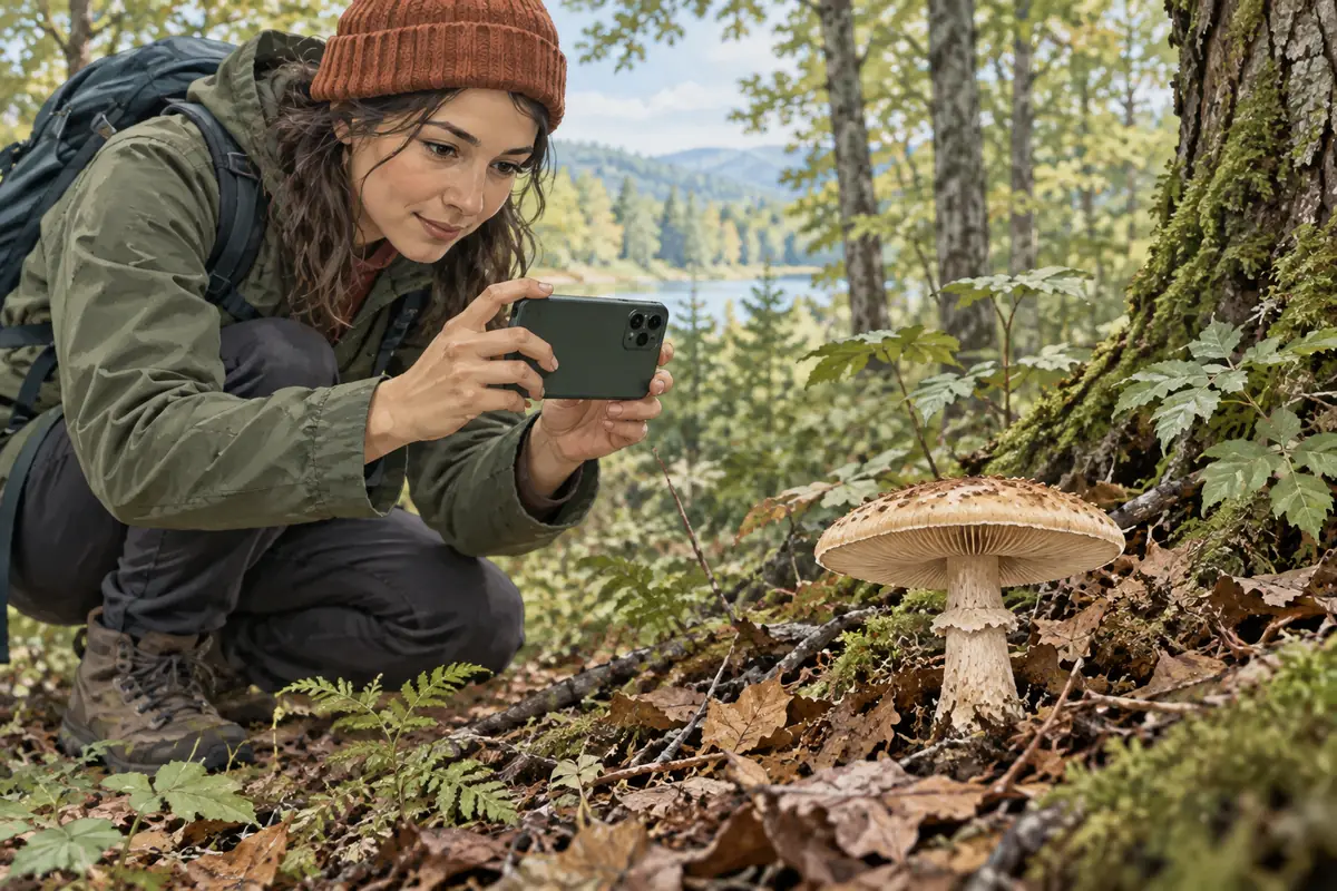 Brauner Waldpilz aus niedriger Perspektive mit sichtbarem Hut, Unterseite, Stiel und Umfeld