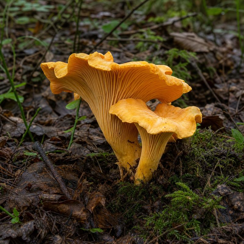 Illustrative orange mushroom with ridged underside growing among moss and leaf litter