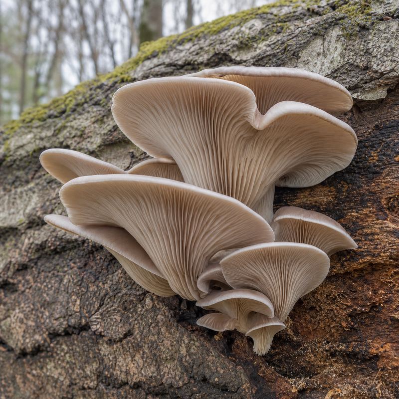 Illustrative cluster of pale oyster-like mushrooms attached to a fallen log
