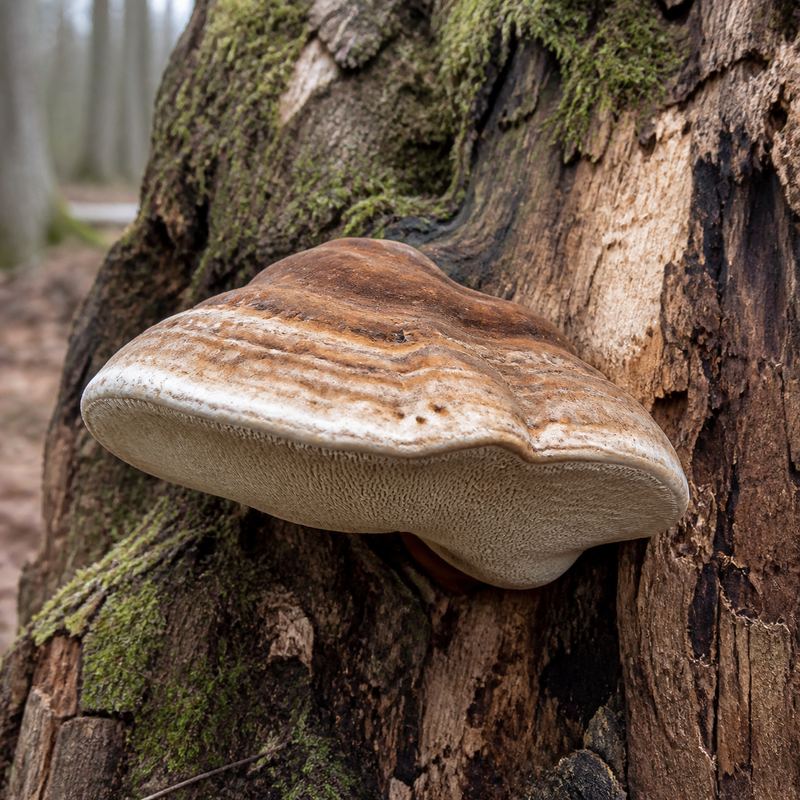 Illustrative bracket-like mushroom with a layered pore surface on decaying wood