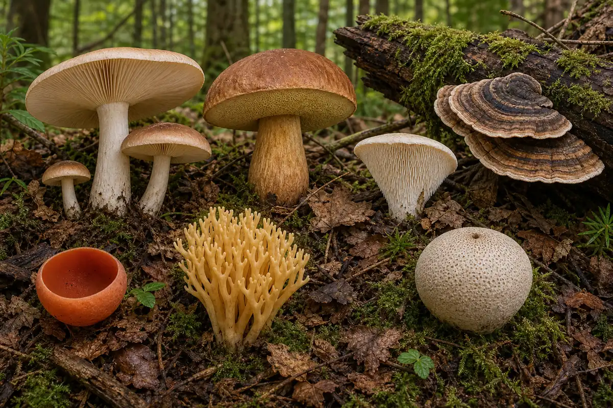 Formas de cogumelos com lâminas, poros, dentes, taça, coral, bola e prateleira no chão da floresta