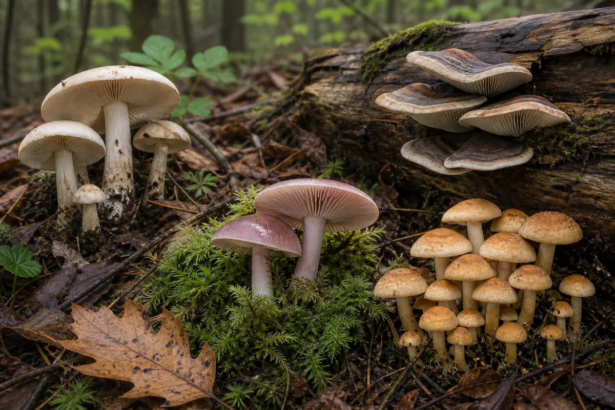Cogumelos na serapilheira, no musgo, em grupos e sobre um tronco caído mostrando o habitat